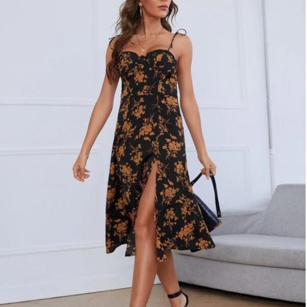 Floral Print Knot Shoulder High Split Hem Bustier